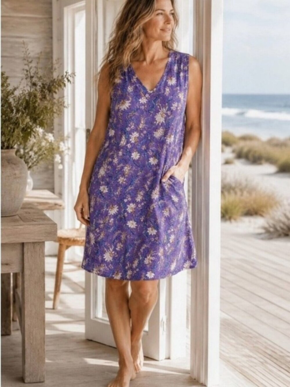 Coastal Boho Preppy Linen J. Jill Mini Dress Purple Blue White Floral Sz Medium